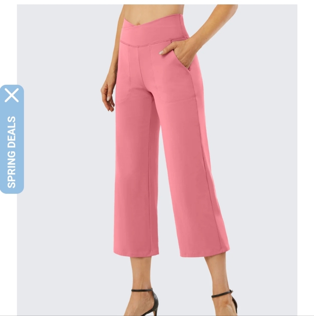 G4free Wrinkle Free Coral/Pink Wide-Leg Crop Pants with Pockets